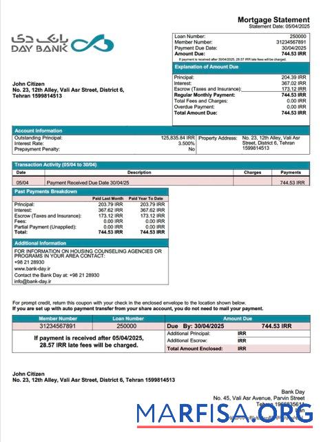 Downloadable Iran Bank Day mortgage statement Word and PDF template